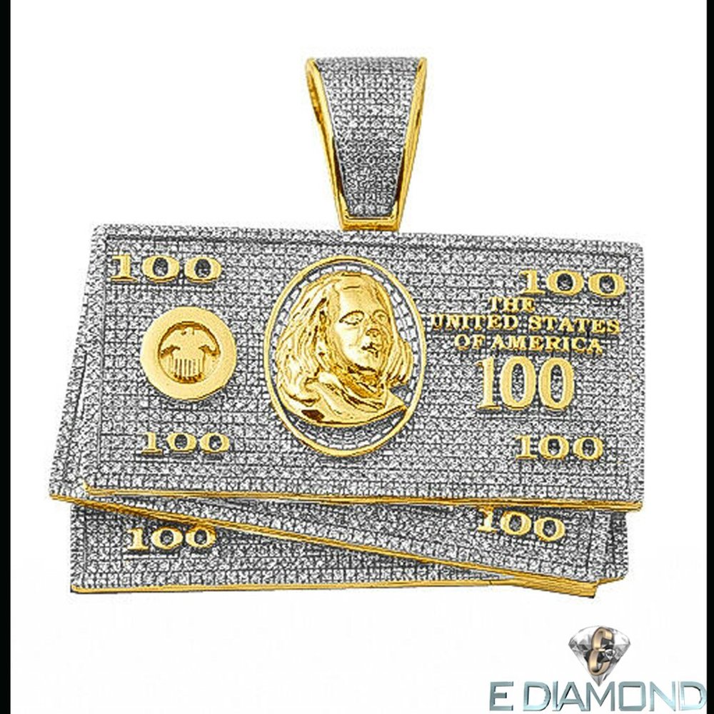 10 K Solid Gold, Natural Diamond $100 Money Stack Pendant 1.00 Carats Hip Hop